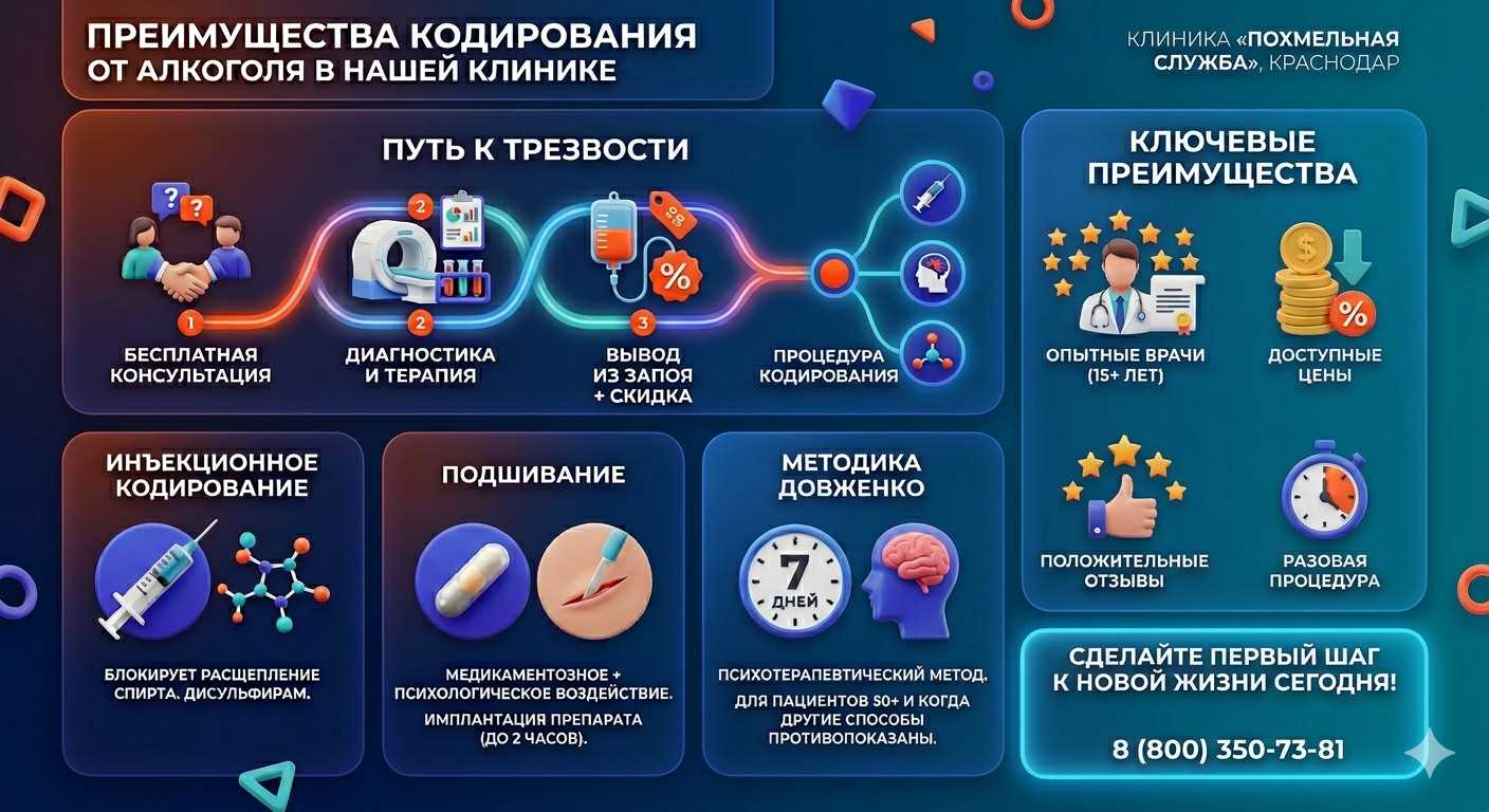 Инфографика о методах кодирования от алкоголя в Пятигорске: инъекции, подшивание, метод Довженко. Преимущества клиники и этапы лечения.