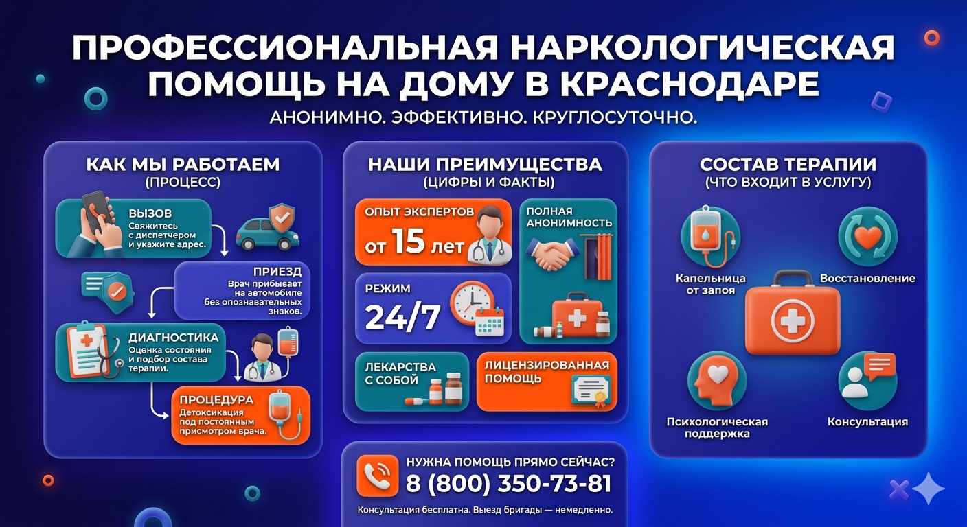 Инфографика о принципах лечения алкоголизма на дому в Пятигорске: этапы вызова нарколога, преимущества анонимной детоксикации и состав медицинской помощи.
